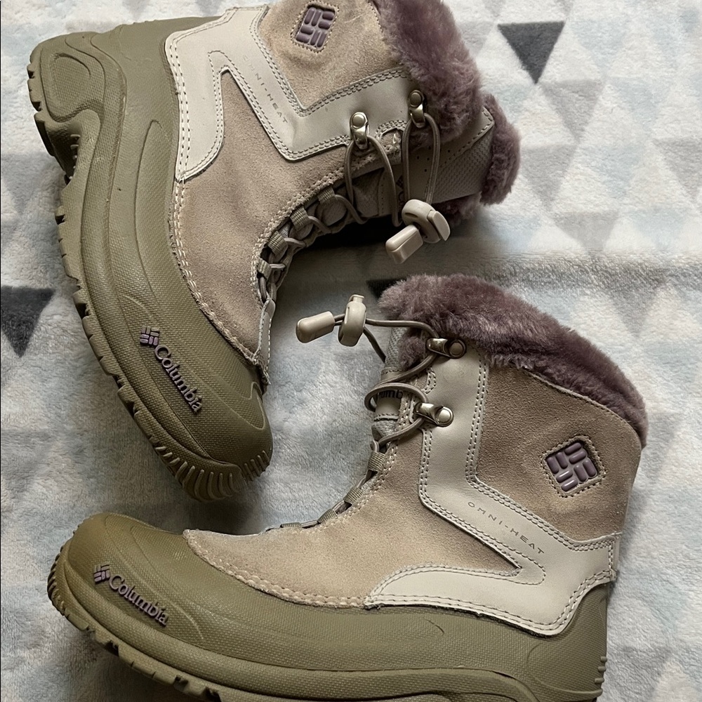 Columbia Kids Omni-Heat Waterproof Winter Snow Boots Tan Purple Size 3